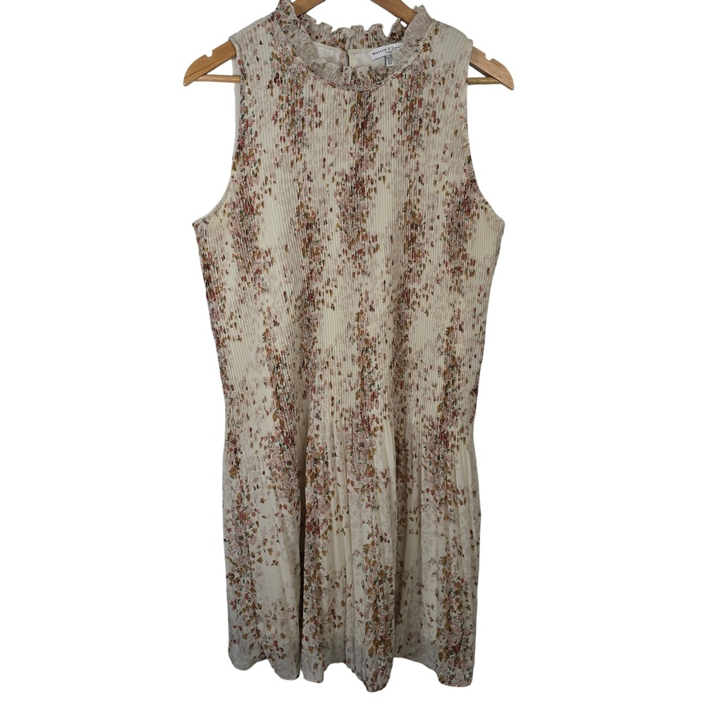 Maison d'Amélie Paris Floral Pleated Sleeveless Mini‎ Dress Cream XL Brunch